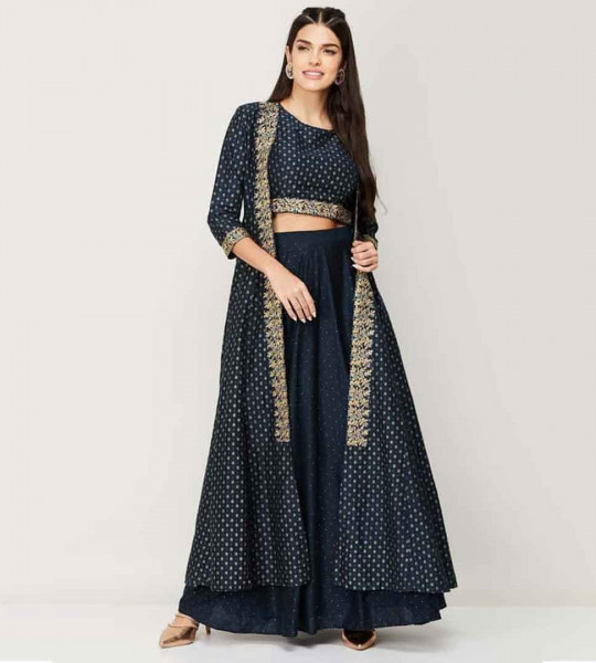 SPAN Women Printed Blouse with Lehenga and Long Jacket