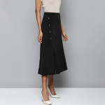 Women Black Scuba Front Slit Flared Midi Skirt