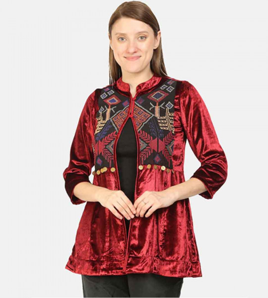 Women Burgundy Embroidered Shrug