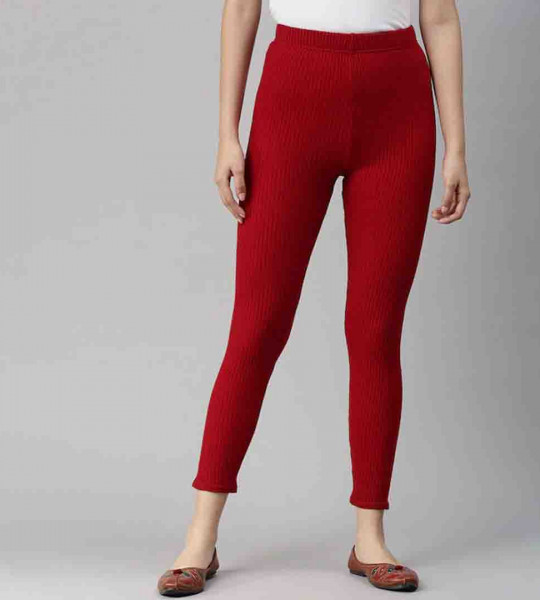 Women Red Solid Knitted Ankle-Length Leggings