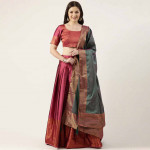 Maroon & Green Unstitched Lehenga & Blouse With Dupatta