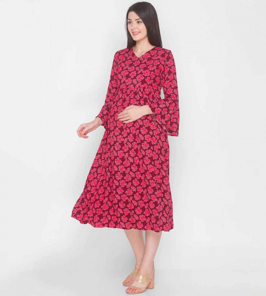 Maroon Printed Maternity Midi Dress