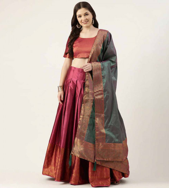 Maroon & Green Unstitched Lehenga & Blouse With Dupatta